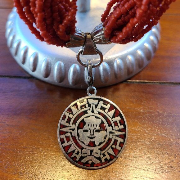 Multiple Strands Red Coral Necklace & Aztec Design Sterling Silver Pendant. - Picture 4 of 4
